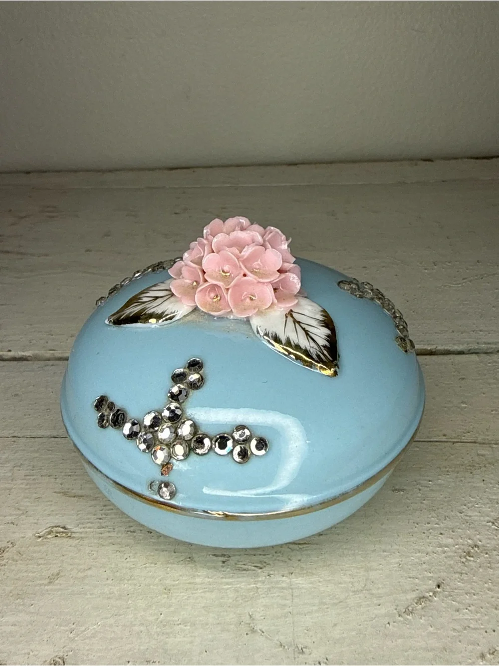 RARE VTG Lefton Blue Porcelain, Pink Floral Spray, Gold Tips & Rhinestone Accent